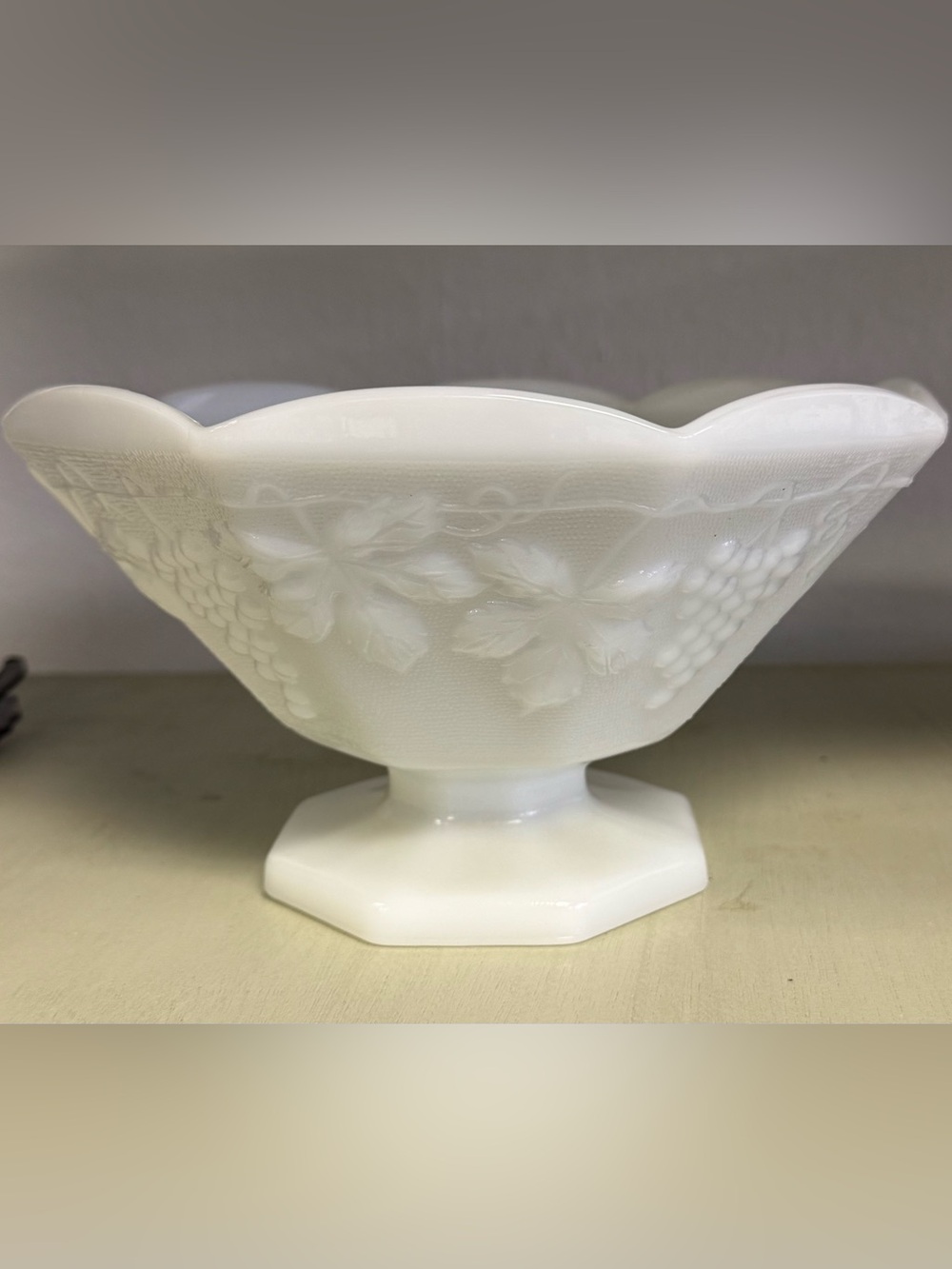 White Milk Glass Compote Bowl with Grape Relief